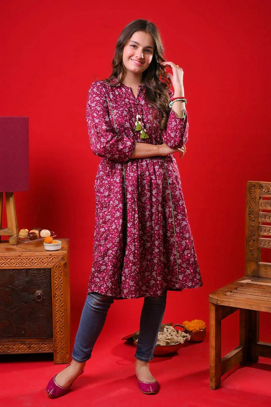 Senorita - Maroon & Multicolor - Casual Kurta - Cotton Lawn Printed - GAA-03271