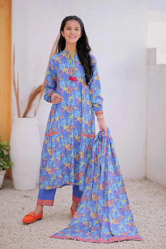 GAD-02477 | Blue & Multicolor | Casual 3 Piece Suit | Marina Fabric Printed