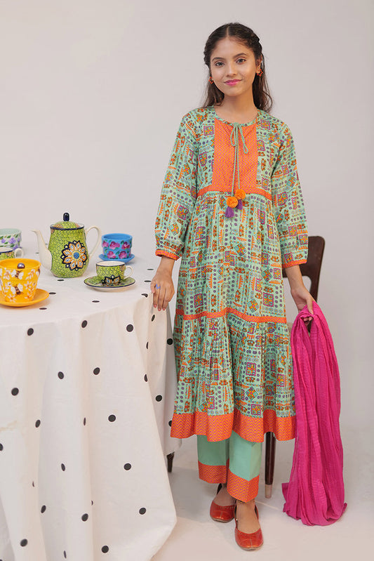Senorita - GAD-02518 | Turquoise Green & Multicolor | Casual 3 Piece Suit | Cotton Cambric