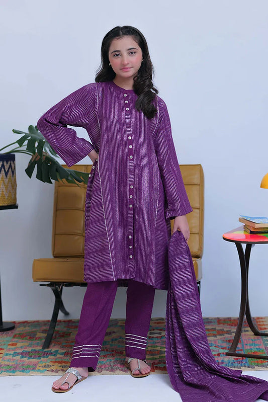 GAD-02830 | Purple & Silver | Casual 3 Piece Suit | Karandi Fabric Dobby Jacquard