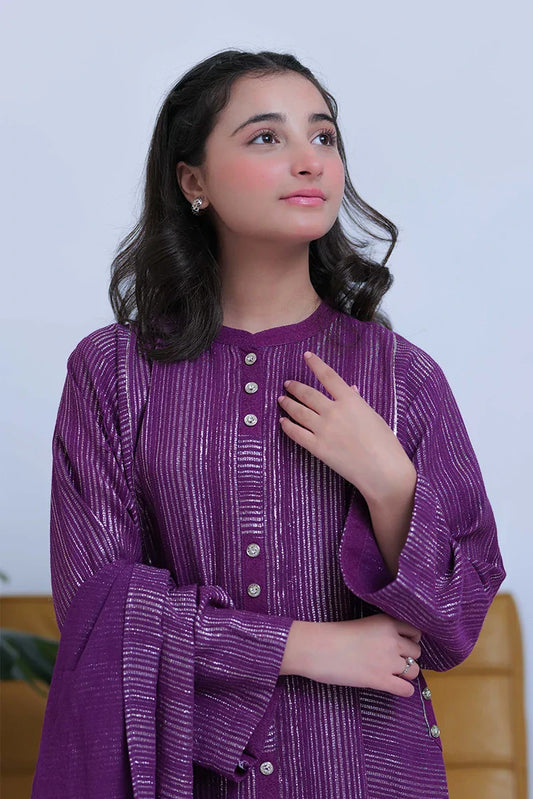 GAD-02830 | Purple & Silver | Casual 3 Piece Suit | Karandi Fabric Dobby Jacquard