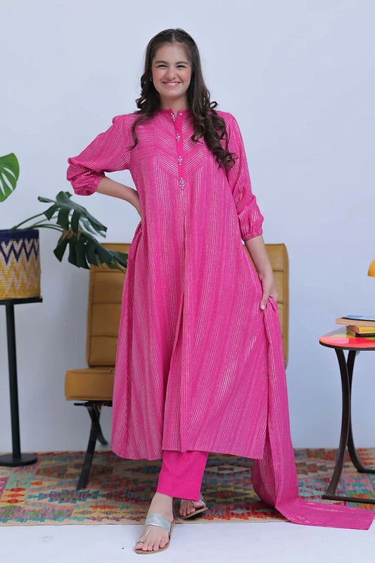GAD-02831 | Shocking Pink & Silver | Casual 3 Piece Suit | Karandi Fabric Dobby Jacquard