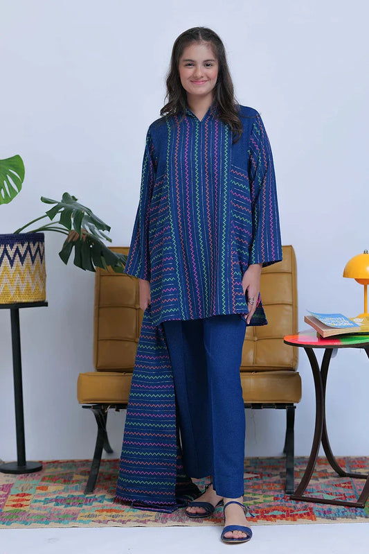 GAD-02832 | Blue & Multicolor | Casual 3 Piece Suit | Karandi Fabric Dobby Jacquard