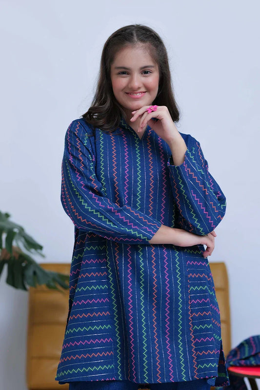 GAD-02832 | Blue & Multicolor | Casual 3 Piece Suit | Karandi Fabric Dobby Jacquard