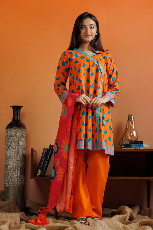 Picture of GAD-03079 | Orange & Muliticolor | Casual 3 Piece Suit | Cotton Lawn Printed - Available at Raja Sahib