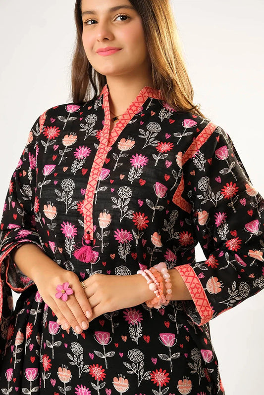 Girls winter clothes | Black & Multicolor | Casual 3 Piece Suit | Cotton Khaddar Printed | GAD-03201