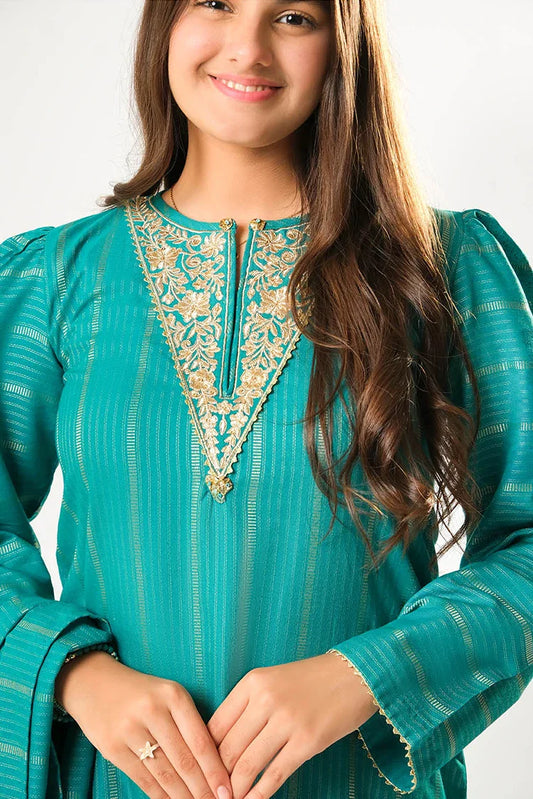 Girls winter clothes | Turquoise Green & Gold | Casual 3 Piece Suit | Cotton Karandi Dobby | GAD-03214
