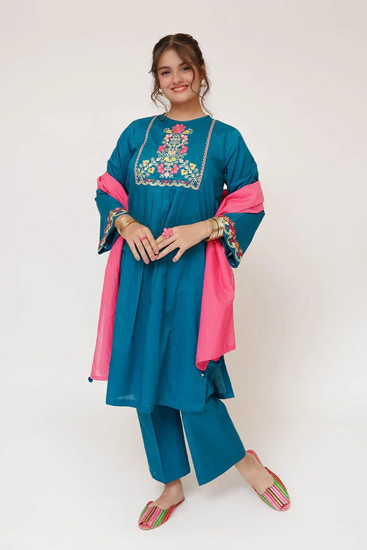 Senorita - Girls Casual Dress - Casual 3 Piece Suit - Cotton Plain Embroidery - GAD-03413