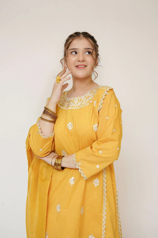 Senorita - Girls Eid Dress - Casual 3 Piece Suit - Cotton Plain Embroidery - GAD-03415