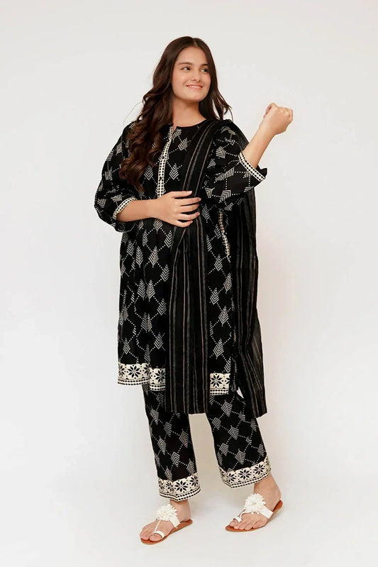Senorita - Girls Eid Dress - Black & Fawn - Casual 3 Piece Suit - GAD-03463
