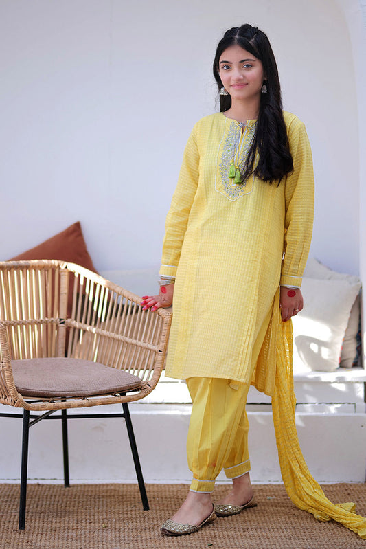 Picture of <!--byu-->Senorita - GBD-02246 | Yellow & Silver | Casual 3 Piece Suit | Cotton Dobby Lurex - Available at Raja Sahib