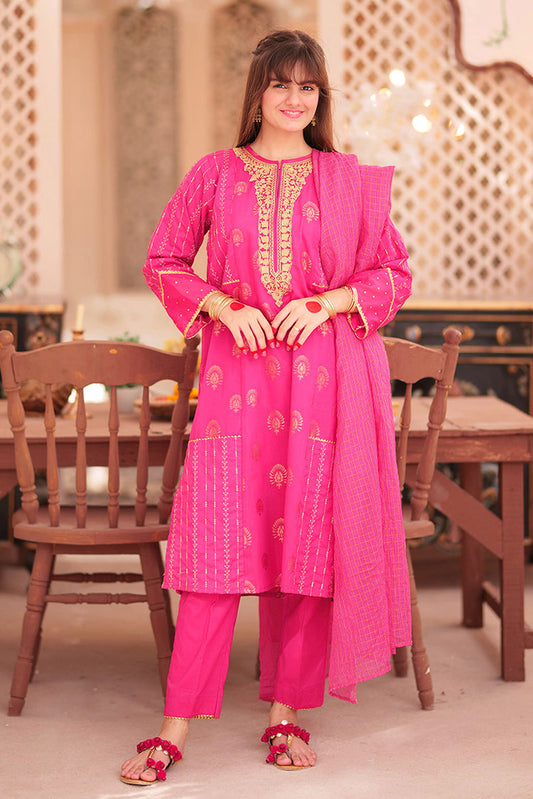 Senorita - GBD-02339 | Shocking Pink & Golden | Casual 3 Piece Suit | Cotton Jacquard
