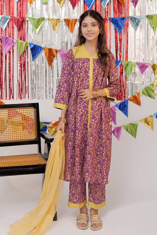 Senorita - GBC-02527 | Purple & Gold | Casual Plus 3 Piece Suit | Cotton Gold Print Lawn