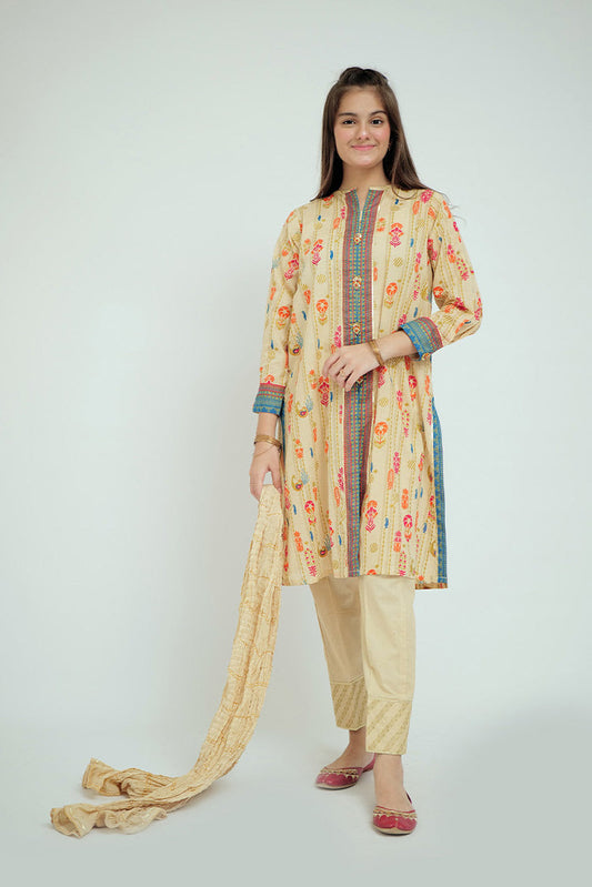 Senorita - GBD-02669 | Fawn & Multicolor | Casual Plus 3 Piece Suit | Cotton Gold Print Lawn