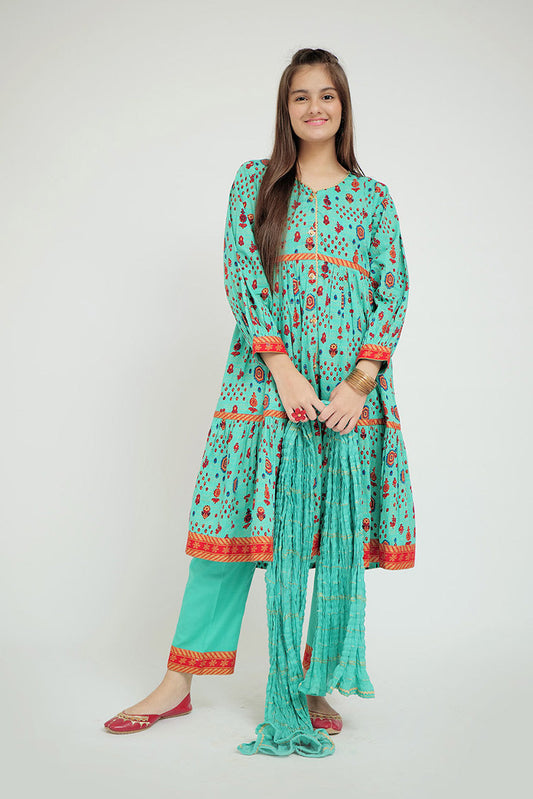 Senorita - GBD-02675 | Sea Green & Gold | Casual Plus 3 Piece Suit | Cotton Gold Print Lawn