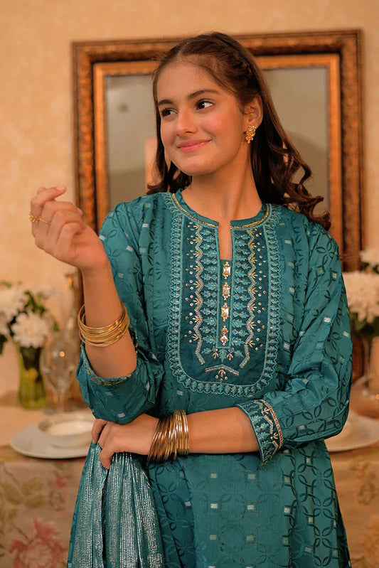 Picture of <!--awt-->GBD-02864 | Turquoise Blue & Gold | Casual Plus 3 Piece Suit | Cotton Viscose Filament Jacquard - Available at Raja Sahib