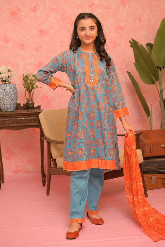 Picture of GBD-02884 | Blue & Multicolor | Casual Plus 3 Piece Suit | Cotton Lawn Gold Print - Available at Raja Sahib