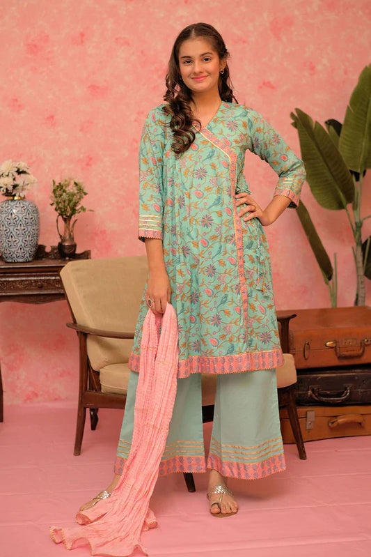 Picture of GBD-02885 | Sea Green & Multicolor | Casual Plus 3 Piece Suit | Cotton Lawn Gold Print - Available at Raja Sahib