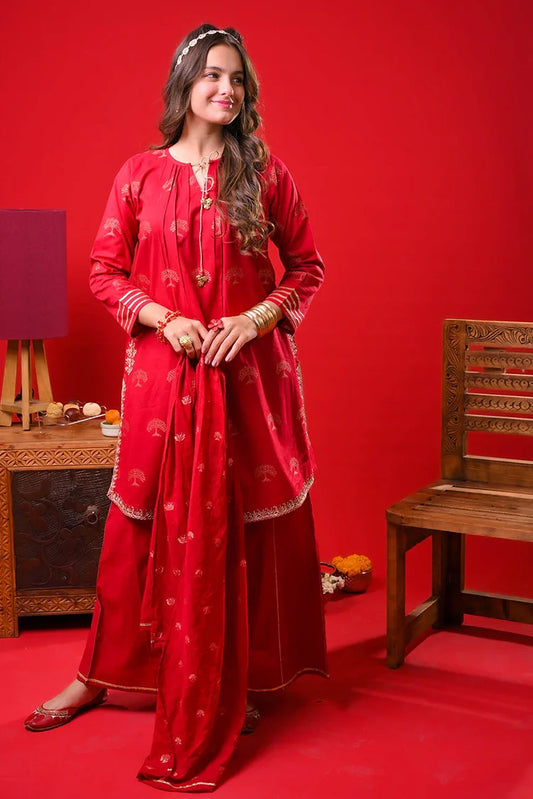 Senorita - Girls Eid Dress - Red & Gold - Casual Plus 3 Piece Suit - GBD-03374