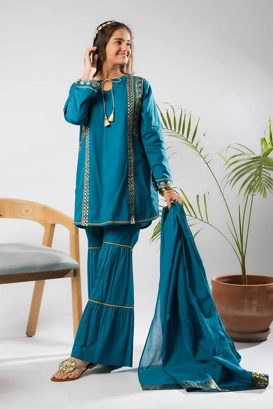 Senorita - Blue & Gold - Casual Plus 3 Piece Suit - Cotton Foil Printed - GBD-03397