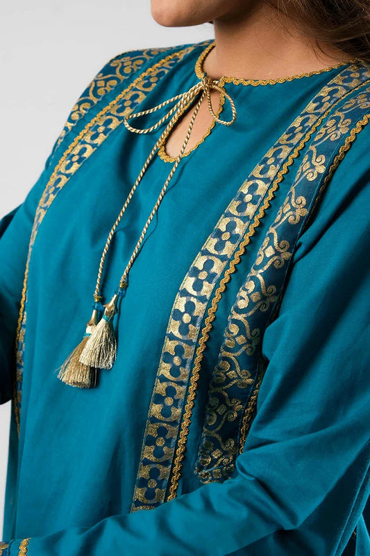 Senorita - Blue & Gold - Casual Plus 3 Piece Suit - Cotton Foil Printed - GBD-03397