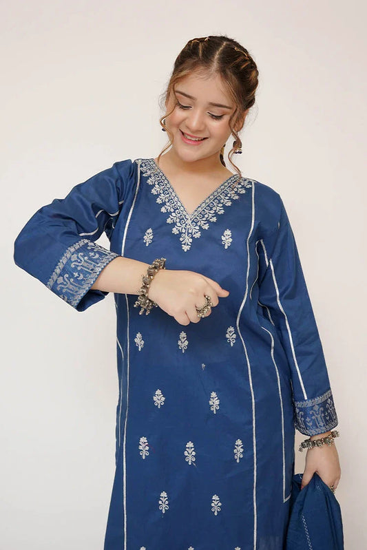 Senorita - Girls Casual Dress - Casual Plus 3 Piece Suit - Cotton Plain with Banarsi Borders - GBD-03456