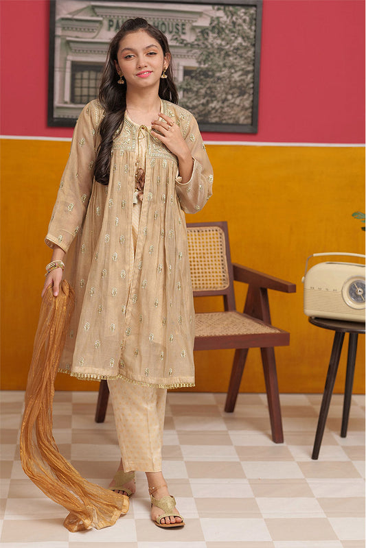 Senorita - GDD-02312 | Fawn & Golden | Formal 3 Piece Suit | Banarsi Masuri Fabric