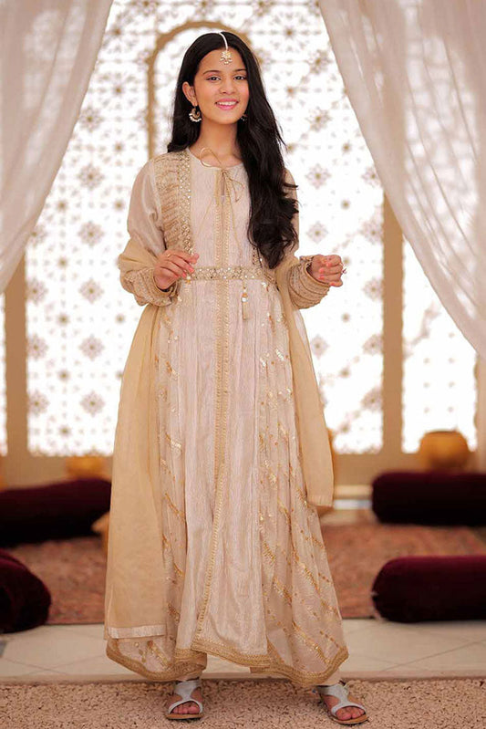 Senorita - GDD-02371 | Fawn & Multicolor | Formal 3 Piece Suit | Fancy Fabric Crinkle Multic Zari