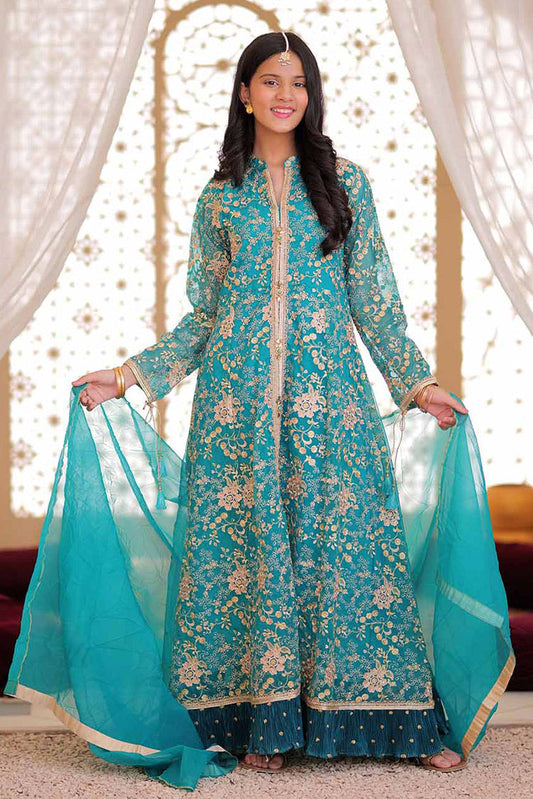 Picture of <!--byl-->Senorita - GDD-02372 | Turquoise Green & Golden | Formal 3 Piece Suit | Plain Organza Banarsi - Available at Raja Sahib
