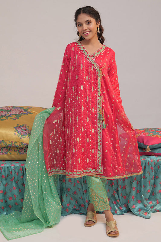Senorita - GDD-02431 | Peach & Sea Green | Formal 3 Piece Suit | Banarsi Organza