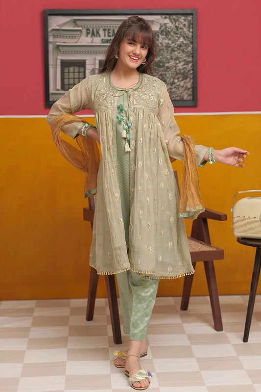 GDD-02744 | Green& Gold | Formal 3 Piece Suit | Banarsi Masuri