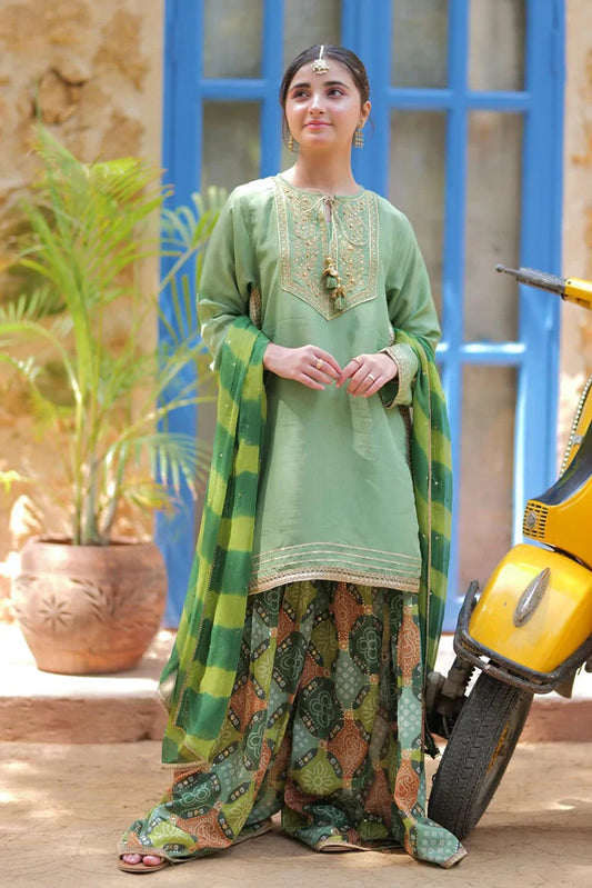 Girls formal clothes | Green & Gold | Formal 3 Piece Suit | Viscose Raw Silk | GDD-02813