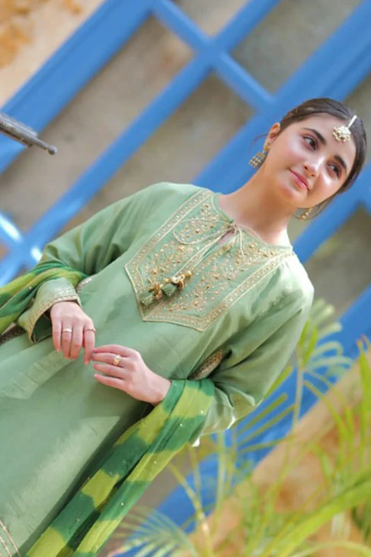 Girls formal clothes | Green & Gold | Formal 3 Piece Suit | Viscose Raw Silk | GDD-02813