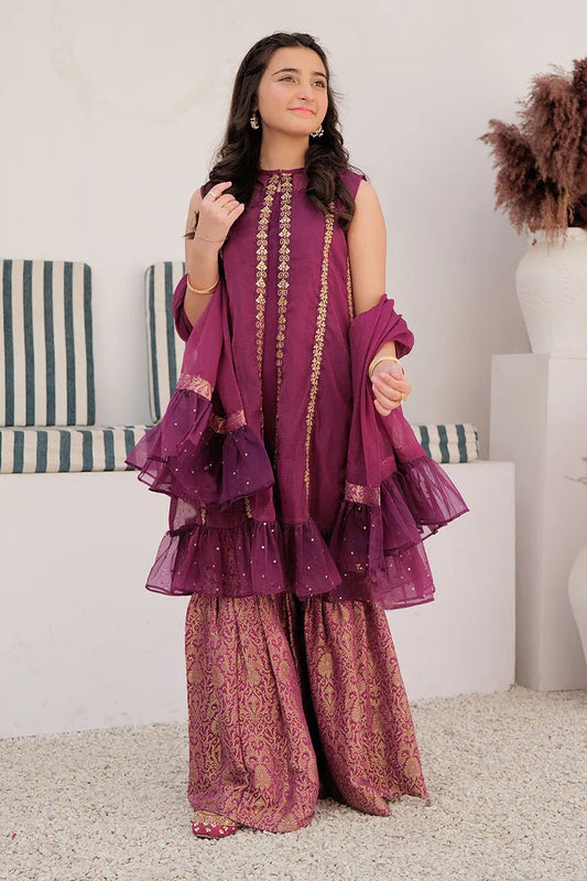 GDD-02848 | Magenta & Gold | Formal 3 Piece Suit | Polyester Bori Net