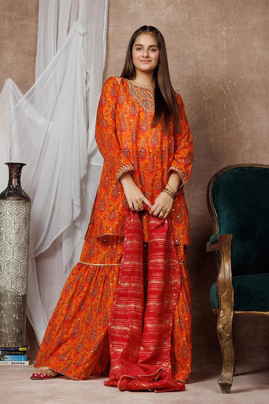 Girls formal clothes | Orange & Multicolor | Formal 3 Piece Suit | Cotton Organza | GDD-03116