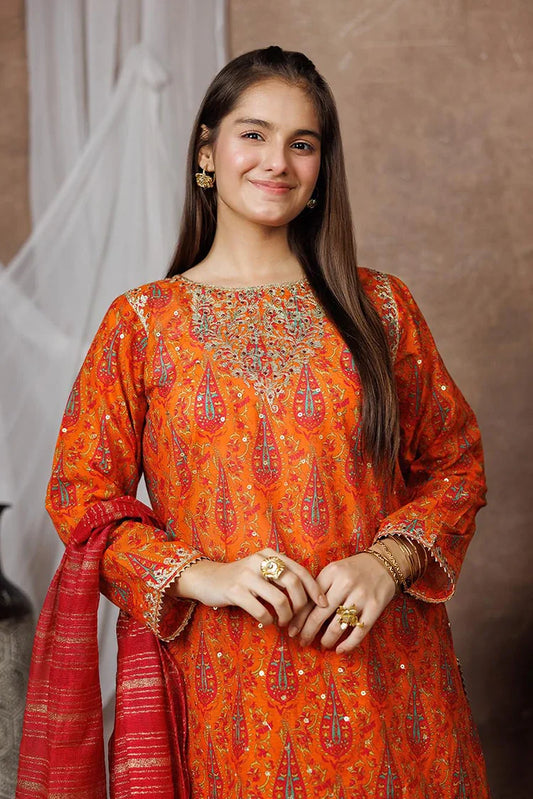 Girls formal clothes | Orange & Multicolor | Formal 3 Piece Suit | Cotton Organza | GDD-03116