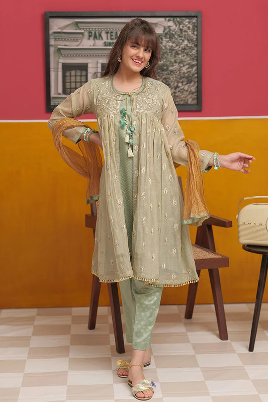 Girls formal clothes | Green & Gold | Formal 3 Piece Suit | Banarsi Masuri Fabric | GDD-03186