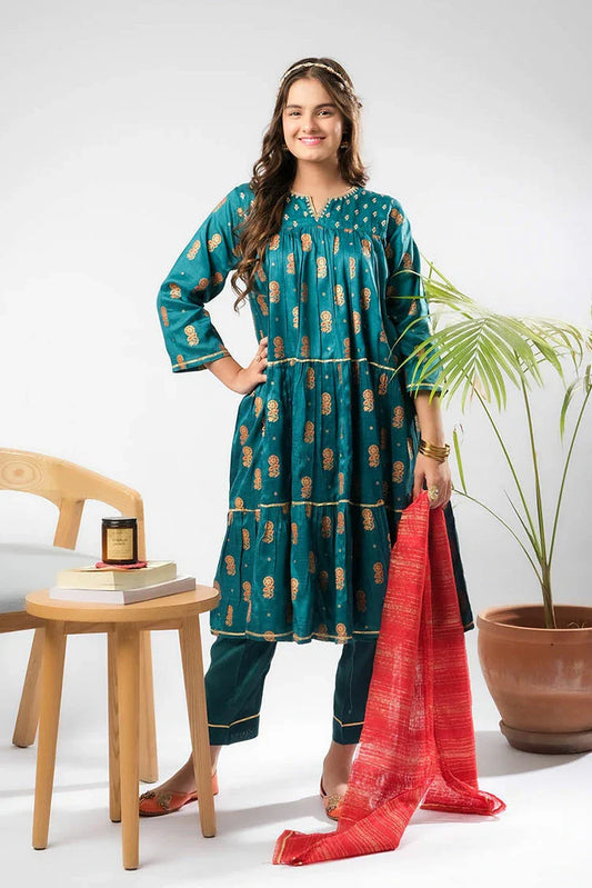 Senorita - Turquoise Blue & Multicolor - Formal 3 Piece Suit - Viscose Raw Silk - GDD-03293