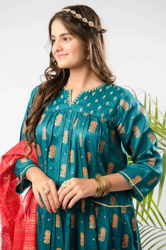 Senorita - Turquoise Blue & Multicolor - Formal 3 Piece Suit - Viscose Raw Silk - GDD-03293