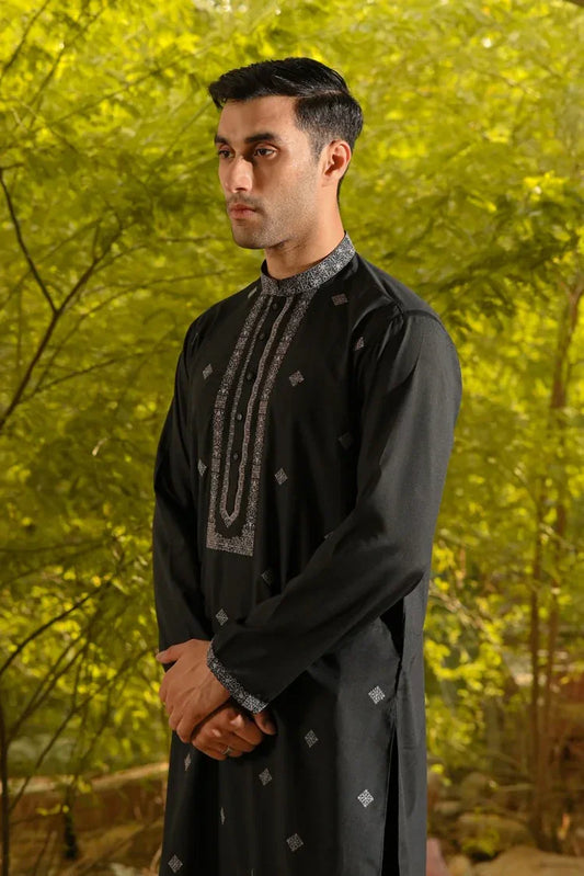 Fabrich - Men's Unstitch Embroidered Kameez Shalwar With Front Spray - Black