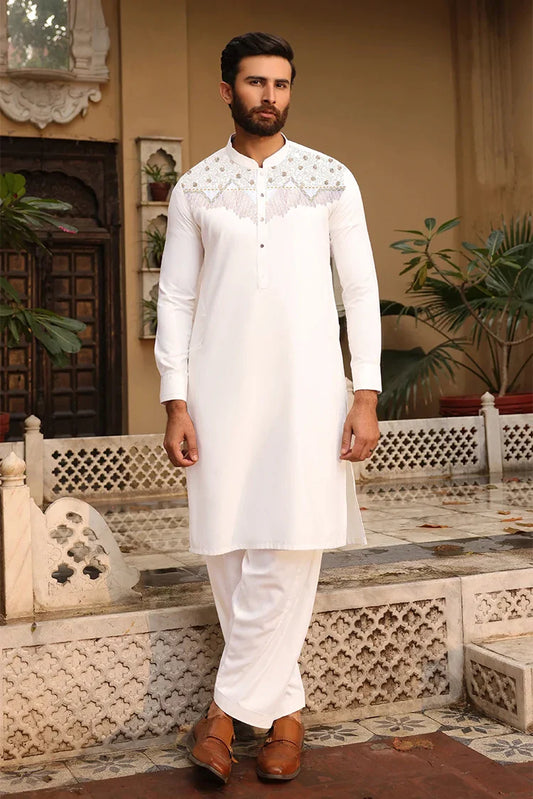 Fabrich - Men’s Off-White Embroidered Kameez Shalwar - Monochrome Edit