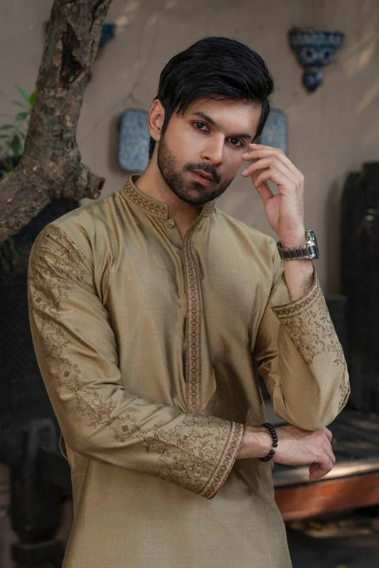 Fabrich - Mens Embroidered Kameez Shalwar - Antique-Gold