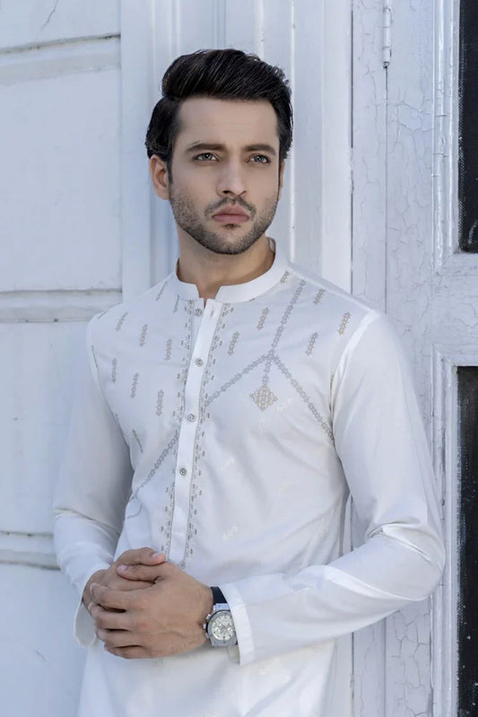 Fabrich - Men's Unstitch Embroidery Kameez Shalwar - Off-White