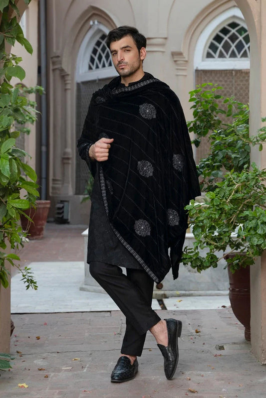 Fabrich - Mens Luxury Embroidered Velvet Shawl - Black