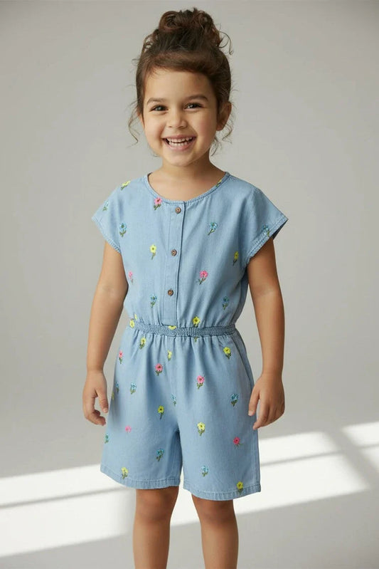 Ixample - Girls Floral Embroidered Denim Playsuit