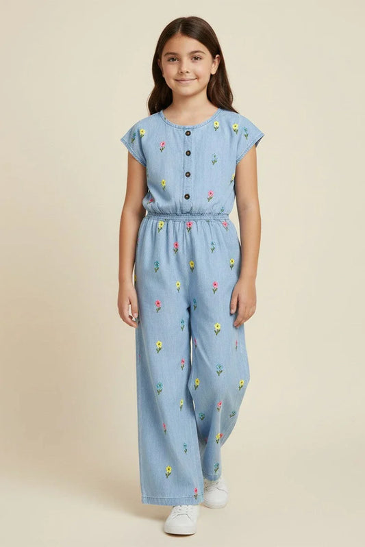 Ixample - Girls Floral Embroidered Denim Jumpsuit