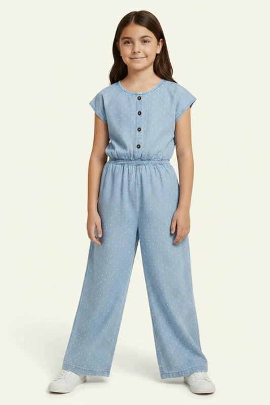 Ixample - Girls Sky Blue Printed Wide Leg Jumpsuit