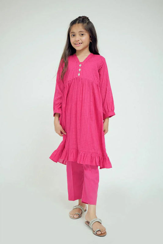 Senorita - KAC-02642 - Shocking Pink - Casual 2 Piece Suit - Cotton Self Dobby Check