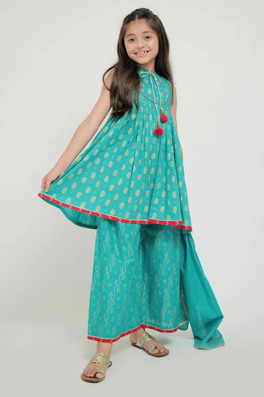 Senorita - KAD-02634 - Turquoise Green & Golden - Casual 3 Piece Suit - Cotton Plain Cambric
