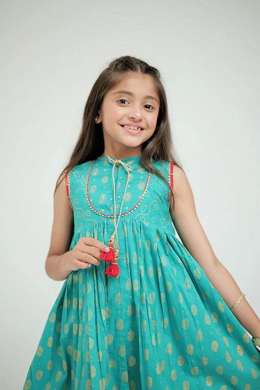 Senorita - KAD-02634 - Turquoise Green & Golden - Casual 3 Piece Suit - Cotton Plain Cambric